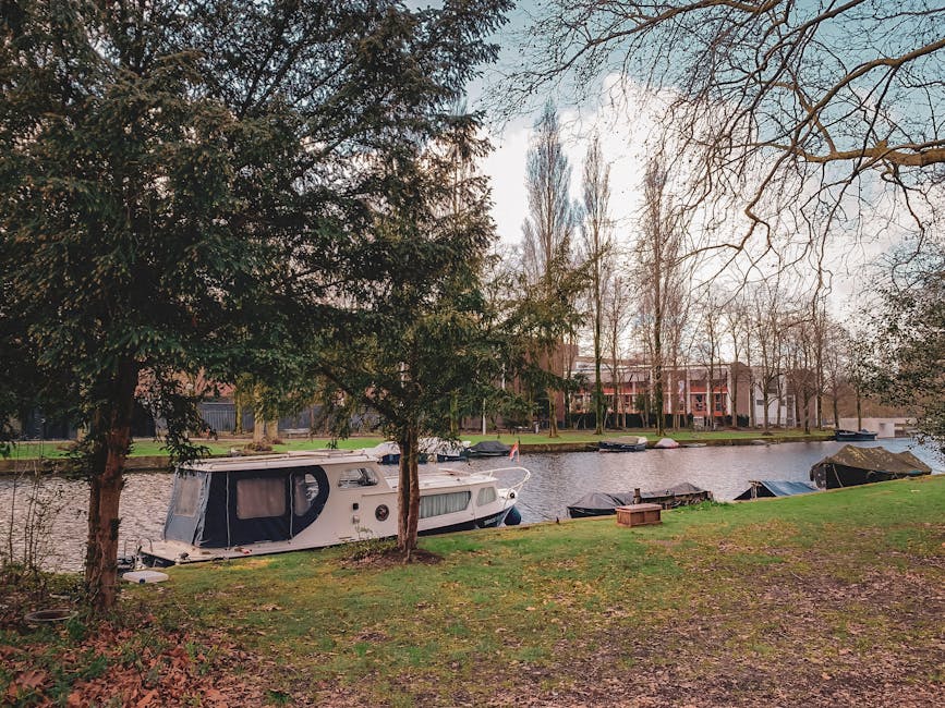 A white and blue narrowboat moored along the edge of a narrow river or canal, partially obscured by several trees with branches and leaves extending into the frame from both sides. The boat is positioned on a grassy bank with areas of moss and fallen leaves, and it features a textured, weathered exterior with a window at the front and a small railing. In the background, multiple small boats with covers are lined up, some partially submerged or resting on the bank, with other boats moored further along the waterway. Behind the water, there is a row of modern brick residential buildings with white balconies and large windows, set amongst leafless trees with tall, slim trunks. The sky above is overcast with grey clouds, creating diffused natural lighting that highlights the textures of the trees, grass, and boats. This scene captures a peaceful, semi-urban riverside area that could be relevant for private waste collection or on-site clearance in relation to local riverside properties, with Waste Disposal Holland Park being a service provider for rubbish removal and waste management needs.